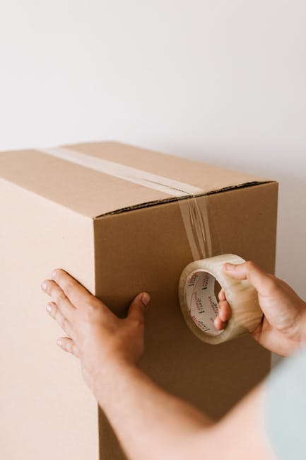 A man and a woman are inside a room with large windows and cardboard boxes labeled 'clothes' and 'books' stacked behind them. The man, dressed in a grey sweater and dark trousers, is kneeling on the w